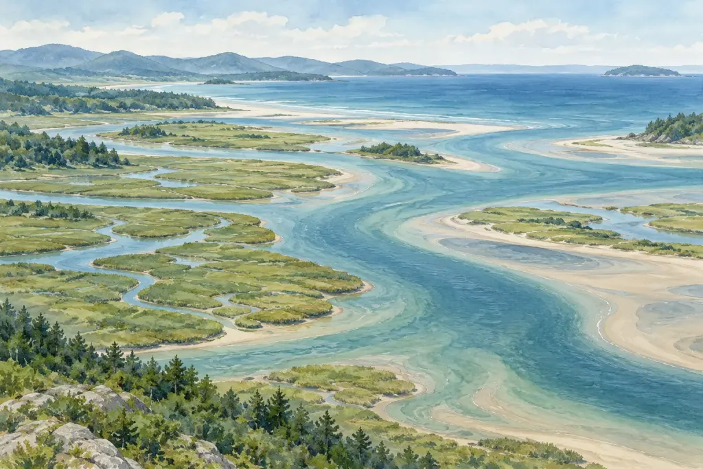 Watercolor illustration of winding estuary channels meeting the sea