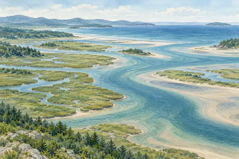 Watercolor illustration of winding estuary channels meeting the sea