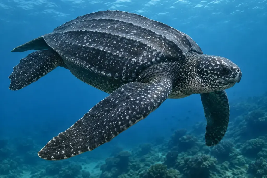 AI illustration of a dark leatherback turtle swimming underwater with ridges along its back.