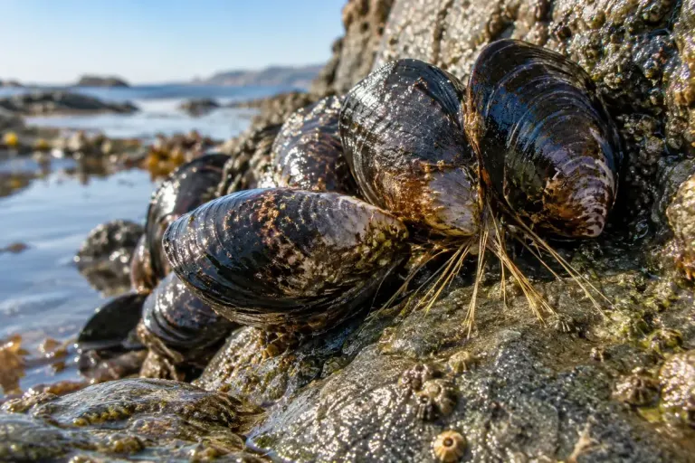 Mussels attached to wet rock with fine threads visible near their shells.
