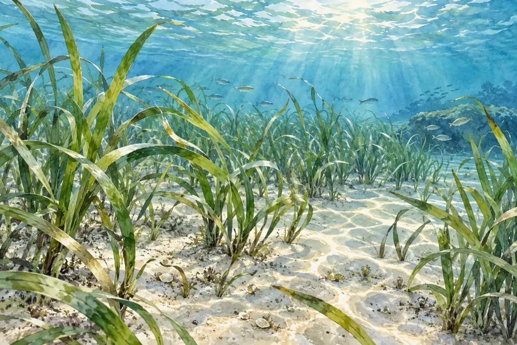 Watercolor illustration of ribbon-like seagrass in shallow sunlit water