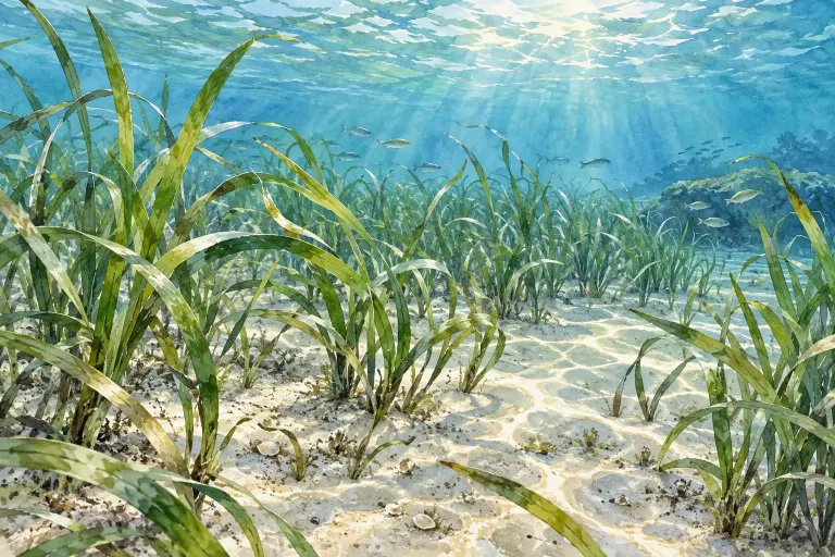 Watercolor illustration of ribbon-like seagrass in shallow sunlit water