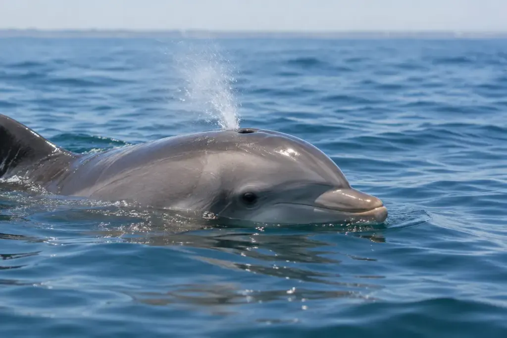 A dolphin surfacing in calm water with its blowhole visible.