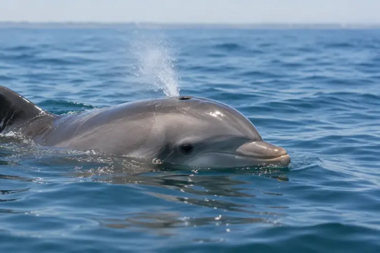 A dolphin surfacing in calm water with its blowhole visible.