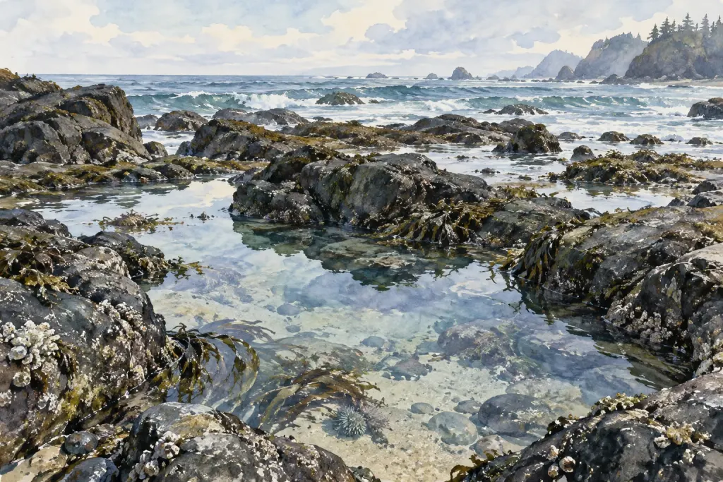 Watercolor of rocky shore pools and wet stones beside the sea
