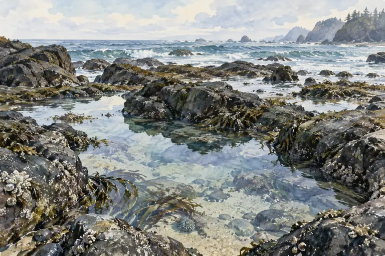 Watercolor of rocky shore pools and wet stones beside the sea